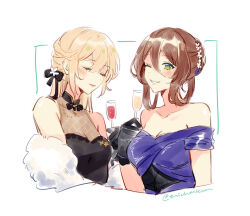 Rule 34 | 2girls, black dress, black gloves, black ribbon, blonde hair, blue dress, blush, brown hair, champagne flute, closed eyes, coll (erichankun), commission, cup, dress, drinking glass, girls&#039; frontline, gloves, green eyes, hair ribbon, holding, holding cup, long hair, looking at viewer, multiple girls, off-shoulder dress, off shoulder, official alternate costume, one eye closed, open mouth, ots-14 (girls&#039; frontline), ots-14 (sangria succulent) (girls&#039; frontline), parted lips, ribbon, second-party source, simple background, springfield (girls&#039; frontline), springfield (queen in radiance) (girls&#039; frontline), upper body