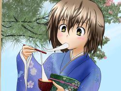 Rule 34 | 1girl, brown hair, chopsticks, eating, food, japanese clothes, kimono, mochi, outdoors, short hair, sky, solo, taiga~midnight