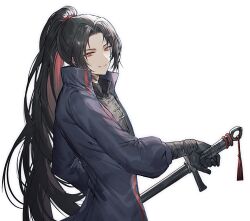 Rule 34 | 1boy, black hair, blue jacket, bonno sasu, gloves, hair intakes, high collar, highres, holding, holding sword, holding weapon, jacket, jia huan (limbus company), limbus company, looking at viewer, male focus, ponytail, project moon, red eyes, smile, solo, sword, weapon