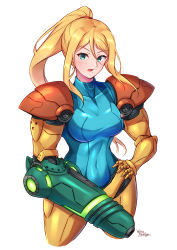 Rule 34 | 1girl, arm cannon, blonde hair, breasts, furrowed brow, green eyes, hand on own hip, highres, looking at viewer, metroid, mole, navel, nintendo, ponytail, power suit, samus aran, wakaba (wata ridley), weapon, zero suit
