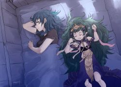 Rule 34 | 2girls, bed, blue eyes, blue hair, braid, byleth (female) (fire emblem), byleth (fire emblem), closed eyes, closed mouth, dress, fire emblem, fire emblem: three houses, green hair, long hair, lying, multiple girls, nintendo, on side, open mouth, pillow, pointy ears, ribbon braid, robaco, sleeping, sothis (fire emblem), twin braids, twitter username