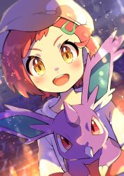 Rule 34 | 1girl, :d, absurdres, blossom (pokemon), blurry, blurry background, blush, brown headwear, commentary, creatures (company), game freak, gen 1 pokemon, hair ornament, hairclip, hat, highres, holding, holding pokemon, looking at viewer, nidoran, nidoran (male), nintendo, open mouth, orange hair, pokemon, pokemon (anime), pokemon (creature), poketoon, pon yui, short hair, short sleeves, smile, teeth, tongue, upper body, upper teeth only, yellow eyes