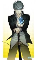 Rule 34 | 1boy, absurdres, black jacket, buttons, card, collared shirt, dress shirt, frown, grey eyes, grey hair, hand up, highres, holding, holding sword, holding weapon, jacket, katana, long sleeves, looking at viewer, male focus, narukami yuu, open clothes, open jacket, ozkh, persona, persona 4, school uniform, serious, shirt, short hair, simple background, solo, sword, weapon, white shirt, yasogami school uniform, yellow background