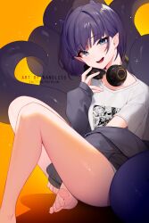 Rule 34 | 1girl, barefoot, blue eyes, blunt bangs, bob cut, commentary, english commentary, feet, foot out of frame, gradient background, headphones, headphones around neck, highres, hololive, hololive english, jacket, legs, looking at viewer, nanoless, ninomae ina&#039;nis, ninomae ina&#039;nis (loungewear), open mouth, orange background, pointy ears, purple hair, purple jacket, shirt, short hair, short sleeves, sitting, smile, solo, t-shirt, teeth, tentacles, thighs, toenails, toes, upper teeth only, virtual youtuber, white shirt