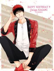 Rule 34 | 1boy, black pants, brown background, character name, chirol22, closed eyes, coat, confetti, dated, floral print, happy birthday, kagami taiga, kuroko no basuke, male focus, open mouth, pants, red coat, red footwear, red hair, shirt, shoes, sitting, smile, solo, two-tone background, white background, white shirt