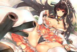 Rule 34 | 10s, 1girl, black panties, breasts, brown eyes, brown hair, cherry blossoms, detached sleeves, flower, frilled panties, frills, kantai collection, long hair, looking at viewer, mkiiiiii, panties, ponytail, pussy juice, rose, solo, thighhighs, underwear, very long hair, white thighhighs, windforcelan, yamato (kancolle)