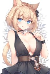 Rule 34 | 1girl, animal ears, warrior of light (ff14), ayuanlv, bare shoulders, belt, black choker, black dress, blonde hair, blue eyes, braid, breasts, cat ears, cat girl, cat tail, choker, cleavage, clothes pull, collarbone, dated, dress, final fantasy, final fantasy xiv, french braid, hand up, highres, large breasts, looking at viewer, miqo&#039;te, mole, mole under eye, parted lips, short hair, sleeveless, sleeveless dress, smile, solo, tail, tail raised, upper body, water drop, wristband
