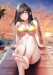 Rule 34 | 1girl, barefoot, beach, bikini, blue eyes, blush, chair, feet, highres, long hair, looking at viewer, lounge chair, palm tree, parted lips, soles, sunset, swimsuit, toes, tree