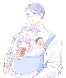 Rule 34 | 1boy, 1girl, animal costume, animal ears, baby carrier, blue archive, blush, blush stickers, cake, carrying, eating, ekoru, food, food on face, halo, highres, holding, holding food, horns, mika (blue archive), pink hair, sensei (blue archive), sheep costume, sheep ears, sheep horns, shirt, simple background, sitting, swiss roll, white background, yellow eyes