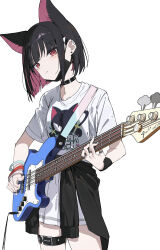 Rule 34 | 1girl, absurdres, animal ears, belt, black choker, black hair, blue archive, bracelet, cat ears, chibi, chibi inset, choker, clothes around waist, earclip, extra ears, guitar, highres, holding, holding guitar, holding instrument, instrument, jacket, jacket around waist, jewelry, kazusa (blue archive), mask, mask pull, mouth mask, multiple rings, music, parted lips, pink hair, playing instrument, qtian, red eyes, ring, shirt, short hair, simple background, skirt, solo, standing, thigh belt, thigh strap, white background, white shirt, white skirt