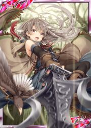 Rule 34 | 1girl, akkijin, bird, brown eyes, brown gloves, brown hair, card (medium), coat, feathers, forest, gloves, hawk, holding, holding lance, holding polearm, holding weapon, lance, nature, official art, polearm, shinkai no valkyrie, solo, thighhighs, weapon