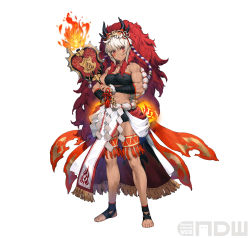 Rule 34 | 1girl, absurdres, artist request, bandages, bandeau, bare legs, breasts, chest sarashi, facial mark, fire, fire emblem, fire emblem fates, fire emblem heroes, fire, full body, hair between eyes, hand fan, head tilt, highres, holding, holding fan, long hair, looking at viewer, mask, mask on head, medium breasts, midriff, multicolored hair, muscular, muscular female, nintendo, official alternate costume, official art, paper fan, red eyes, red hair, rinkah (fire emblem), sarashi, simple background, skirt, smile, solo, standing, stomach, strapless, thigh strap, tube top, two-tone hair, uchiwa, very long hair, whisker markings, white background, white hair, white skirt