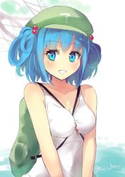 Rule 34 | 1girl, :d, backpack, bag, bare shoulders, between breasts, blue eyes, blue hair, blush, breasts, camisole, cleavage, collarbone, culter, grin, hair bobbles, hair ornament, hat, kawashiro nitori, key, long hair, looking at viewer, matching hair/eyes, no bra, open mouth, shirt, sitting, sleeveless, sleeveless shirt, smile, solo, strap between breasts, touhou, twintails, two side up, upper body, very long hair, water