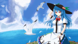 Rule 34 | 1girl, bird, blue hair, blush, bow, bowtie, breasts, day, dress, dress shirt, feathers, floating island, food, food on head, fruit, fruit on head, hat, highres, hinanawi tenshi, holding, holding clothes, holding hat, layered dress, long hair, looking at viewer, medium breasts, nekoda (maoda), object on head, peach, puffy short sleeves, puffy sleeves, red eyes, seagull, shirt, short sleeves, sky, smile, smirk, solo, sword of hisou, touhou