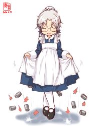 Rule 34 | 1girl, alternate costume, apron, artist logo, black footwear, blue dress, bowing, commentary request, crossed legs, curtsey, dated, depth charge, dress, enmaided, closed eyes, facing viewer, frilled apron, frills, full body, glasses, grey hair, hair bun, highres, hirato (kancolle), kanon (kurogane knights), kantai collection, maid, mary janes, rimless eyewear, senjougahara pose, shoes, short hair, single hair bun, skirt hold, solo, watson cross, wavy hair, white apron, white legwear