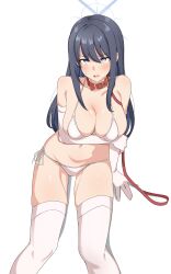 Rule 34 | 1girl, absurdres, bare shoulders, bikini, black hair, blue archive, blue eyes, blush, breasts, cleavage, collarbone, elbow gloves, gloves, halo, highres, large breasts, long hair, looking at viewer, micro bikini, navel, open mouth, saori (blue archive), seihekiog, solo, swimsuit, thighhighs, thighs, white background, white bikini, white gloves, white thighhighs