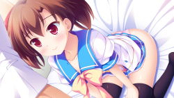 Rule 34 | 1boy, 1girl, bed sheet, black thighhighs, blue sailor collar, blue skirt, bow, bowtie, brown hair, closed mouth, collarbone, from above, game cg, hair between eyes, highres, kagurazaka mei, ko~cha, long hair, miniskirt, panties, pink panties, pleated skirt, red eyes, sailor collar, sailor shirt, shiny clothes, shiny legwear, shirt, short sleeves, sitting, skirt, smile, solo focus, thighhighs, twintails, underwear, white shirt, wizards complex, yellow bow, yellow bowtie