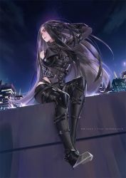 Rule 34 | 1girl, belt, black hair, boots, commission, gloves, ian olympia, long hair, night, night sky, original, red eyes, shiny clothes, sky, thigh boots, thighhighs, very long hair