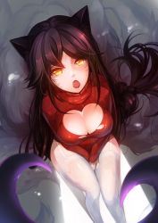 Rule 34 | 1girl, ahri (league of legends), animal ears, black hair, breasts, cleavage, cleavage cutout, clothing cutout, facial mark, fang, female focus, fishnets, fox ears, fox tail, garter straps, gradient background, hamifr, large breasts, league of legends, lipstick, long hair, looking up, makeup, meme attire, open-chest sweater, open mouth, sitting, slit pupils, solo, sweater, tail, thighhighs, torn clothes, v arms, vel&#039;koz, whisker markings, white thighhighs, yellow eyes, you gonna get raped