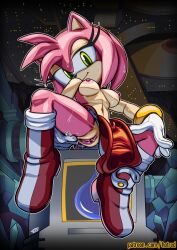 Rule 34 | 1girl, amy rose, animal ears, artist name, body fur, boots, breasts, clitoral hood, clitoris, closed mouth, clothes pull, dress, dress pull, female focus, full body, furry, furry female, gloves, green eyes, hairband, half-closed eyes, hand on own knee, happy, head tilt, in-universe location, japanese text, knee boots, looking at viewer, medium breasts, navel, nipples, outline, patreon username, pink fur, pink hair, presenting, pussy, red dress, red footwear, red hairband, rockthebull, short dress, short hair, sidelocks, signature, sitting, sitting on object, smile, solo, sonic &amp; knuckles, sonic (series), spread legs, stomach, sweat, thighs, topless, translation request, watermark, web address, white gloves, white outline