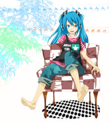 Rule 34 | barefoot, blue eyes, blue hair, casual, chair, denim, feet, full body, hatsune miku, headphones, highres, jeans, long hair, pants, pondel, sitting, smile, soles, solo, toes, twintails, vocaloid