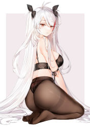 Rule 34 | 1girl, absurdres, antenna hair, ass, azur lane, bare shoulders, black bra, black panties, bra, breasts, brown pantyhose, feet, from behind, hair ribbon, highres, lace, lace-trimmed bra, lace-trimmed panties, lace trim, large breasts, long hair, looking at viewer, looking back, mole, mole on breast, multicolored hair, no shoes, panties, panties under pantyhose, pantyhose, parted lips, prinz eugen (azur lane), red eyes, ribbon, seiza, sitting, solo, streaked hair, thighband pantyhose, thighs, two side up, underwear, underwear only, very long hair, white hair, yukineko1018