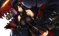 Rule 34 | 1girl, artnohearts, azur lane, bare shoulders, conductor baton, black hair, black thighhighs, blush, breasts, cleavage, closed mouth, friedrich der grosse (azur lane), gloves, hair over one eye, holding, horns, large breasts, long hair, looking at viewer, red gloves, red horns, rigging, smile, solo, thighhighs, very long hair, yellow eyes