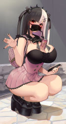Rule 34 | 1girl, between breasts, black hair, black nails, blush, breasts, can, cellphone, cleavage, drinking straw, frills, high heels, highres, indie virtual youtuber, jirai kei, large breasts, long hair, looking at viewer, mask, mole, mole under eye, monster energy, mouth mask, multicolored hair, nail polish, phone, pink hair, pleated skirt, red eyes, satou daiji, skirt, smartphone, solo, squatting, towa (towa akqj10), twintails, two-tone hair, virtual youtuber