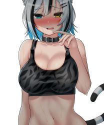 Rule 34 | 1girl, animal collar, animal ears, black hair, blue eyes, blue hair, blush, breasts, cleavage, collar, collarbone, colored inner hair, cottage project, embarrassed, hair between eyes, hair ornament, hairclip, hand up, heterochromia, highres, large breasts, looking at viewer, multicolored hair, navel, nekojima, nose blush, open mouth, short hair, solo, sports bra, stomach, sweat, sweatdrop, tail, tiger tail, transparent background, upper body, virtual youtuber, wavy mouth, white hair, yellow eyes, yukine kohaku