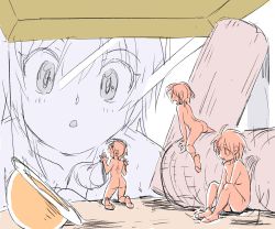 Rule 34 | 4girls, ass, breasts, female focus, highres, in container, kneeling, limited palette, mini person, minigirl, multiple girls, nude, open mouth, original, oyatsu (mk2), short hair, sitting, size difference, small breasts, straddling, terrarium