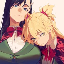 Rule 34 | 2girls, black hair, blonde hair, blue eyes, bow, breasts, burn the witch, cape, capelet, closed mouth, green eyes, green jacket, hair ornament, half-closed eyes, highres, ibaraki shun, jacket, large breasts, long hair, long sleeves, looking at viewer, multiple girls, niihashi noel, ninny spangcole, plaid cape, plaid capelet, red cape, red capelet, shirt, twintails, white background, white shirt
