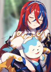 Rule 34 | 1girl, alear (fire emblem), animal, animal ears, armor, black gloves, blue hair, blurry, blurry background, blush, bow, bowtie, braid, breasts, closed eyes, commentary request, crossed bangs, crown braid, fire emblem, fire emblem engage, gloves, hair between eyes, highres, holding, holding animal, long hair, medium breasts, multicolored hair, nintendo, peach11 01, red hair, shirt, sitting, sleeping, sleeping upright, sommie (fire emblem), split-color hair, streaked hair, thighhighs, thighs, tiara, two-tone hair, white bow, white bowtie, white shirt, white thighhighs