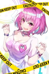 Rule 34 | 1girl, ahoge, bangle, blue hair, blush, bracelet, breasts, caution tape, claw pose, cleavage, collar, earrings, fang, fingernails, frills, hair between eyes, hair intakes, hands up, heart-shaped lock, idolmaster, idolmaster cinderella girls, jewelry, large breasts, lipgloss, lips, matsumoto tomoyohi, multicolored hair, off-shoulder shirt, off shoulder, open mouth, pill earrings, pink collar, pink eyes, pink hair, pink wristband, shiny skin, shirt, short hair, short sleeves, single bare shoulder, skeleton print, smile, solo, star (symbol), starry background, t-shirt, tareme, two-tone hair, white background, white frills, white shirt, yumemi riamu