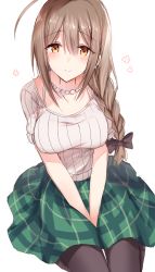 Rule 34 | 1girl, ahoge, between legs, black bow, black pantyhose, bow, braid, breasts, brown eyes, brown hair, closed mouth, clothes between thighs, commentary request, earrings, green skirt, grey sweater, hair between eyes, hair bow, hand between legs, idolmaster, idolmaster shiny colors, jewelry, kinona, kuwayama chiyuki, large breasts, long hair, looking at viewer, necklace, pantyhose, pearl necklace, plaid, plaid skirt, ribbed sweater, short sleeves, sidelocks, simple background, single braid, sitting, skirt, smile, solo, sweater, v arms, white background