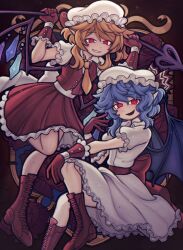 Rule 34 | 2girls, ascot, back bow, bat wings, blonde hair, blue hair, boots, bow, brown footwear, collared shirt, cross-laced footwear, crystal, flandre scarlet, frilled gloves, frilled skirt, frills, gloves, glowing, glowing eyes, hand up, hat, hat ribbon, highres, lace-up boots, laevatein (touhou), looking at viewer, medium hair, mob cap, multiple girls, pointy ears, puffy short sleeves, puffy sleeves, red bow, red eyes, red gloves, red skirt, red vest, remilia scarlet, ribbon, russian commentary, sadcringe8, shirt, short sleeves, skirt, smug, touhou, vest, white bow, white headwear, white shirt, white skirt, wings, yellow ascot