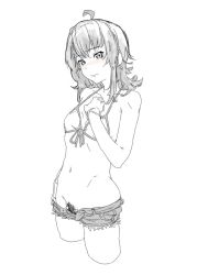 Rule 34 | 10s, 1girl, arashi (kancolle), bikini, bikini top only, breasts, cutoffs, female pubic hair, greyscale, kantai collection, long hair, monochrome, no panties, pubic hair, short shorts, shorts, simple background, small breasts, solo, swimsuit, uno ichi, white background