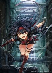 Rule 34 | 1girl, absurdres, black hair, boots, commission, headband, highres, holding, holding sword, holding weapon, komota (kanyou shoujo), long hair, looking at viewer, open mouth, original, pouch, red eyes, red footwear, running, skeb commission, solo, sword, thigh gap, thigh strap, weapon