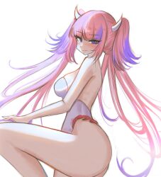 Rule 34 | 1girl, backless leotard, bare arms, blush, breasts, closed mouth, commentary, demon horns, english commentary, fingernails, gradient hair, hair between eyes, highres, horns, ironmouse, ironmouse (race queen), knee up, large breasts, legs, leotard, light smile, long hair, looking at viewer, multicolored hair, nail polish, pink hair, purple eyes, purple hair, purple nails, s7nsles, simple background, solo, strapless, strapless leotard, thighs, twintails, two-tone hair, virtual youtuber, vshojo, white background, white leotard