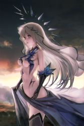 Rule 34 | 1girl, bare shoulders, blue eyes, blue neckwear, blue skirt, breasts, cowboy shot, date a live, detached collar, egk513, elbow gloves, from side, gloves, highres, long hair, medium breasts, no panties, outdoors, revealing clothes, see-through, silver hair, skirt, solo, sunset, thighhighs, thighs, tobiichi origami, underboob, veil, very long hair