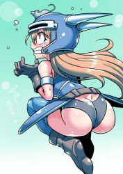 Rule 34 | 1girl, armor, ass, bare shoulders, blue armor, blush, boots, brown hair, butt crack, clenched teeth, constricted pupils, daisy (dq), dragon quest, dragon quest yuusha abel densetsu, fake horns, from behind, gloves, helmet, horned helmet, horns, long hair, mouse (animal), panties, red eyes, shiny clothes, shiny skin, solo, tears, teeth, thighhighs, tukiwani, underwear, very long hair