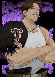 Rule 34 | 1boy, absurdres, black capelet, black clover, black hair, capelet, cigarette, crossed arms, facial hair, goatee, highres, looking at viewer, male focus, mature male, muscular, muscular male, pectorals, short hair, sideburns, sidepec, smoking, smug, solo, stubble, tako3, tank top, torn capelet, torn clothes, upper body, white tank top, yami sukehiro