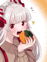 Rule 34 | 1girl, bow, eating, food, fruit, fujiwara no mokou, highres, holding, holding food, holding fruit, long hair, looking at viewer, mokoiscat, open mouth, persimmon, red eyes, shirt, simple background, solo, suspenders, touhou, upper body