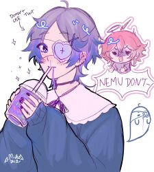 Rule 34 | 2boys, blue shirt, blush, closed mouth, english text, eyepatch, ghost, grey shirt, grimace shake (meme), highres, long sleeves, male focus, meme, mih0, multiple boys, one eye covered, original, pink hair, purple eyes, purple hair, shirt, short hair, short sleeves, white background