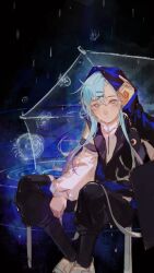 Rule 34 | 1boy, :|, adjusting hair, arknights, black pants, black vest, blue hair, chinese commentary, closed mouth, commentary, crescent, crescent pin, expressionless, full body, gradient hair, hair between eyes, hair ornament, hairclip, hand up, highres, hood, hood up, jellyfish, long sleeves, looking at viewer, male focus, mizuki (arknights), multicolored hair, pants, partially unzipped, pink eyes, pink hair, rain, ripples, shirt, shoes, short hair with long locks, sneakers, solo, transparent, transparent umbrella, umbrella, vest, white footwear, white shirt, z-ho