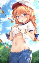 Rule 34 | 1girl, alternate costume, blue eyes, braid, breasts, cloud, groin, hair between eyes, hair ornament, hat, highres, looking at viewer, navel, no bra, open mouth, orange hair, princess connect!, ribbon, rumiko (rmeco), shorts, sky, small breasts, solo, stomach, stomach day, sweat, twin braids, yuni (princess connect!), yuni (school festival) (princess connect!)