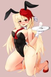 Rule 34 | 1girl, animal ears, bare legs, bare shoulders, between breasts, bird wings, black leotard, blonde hair, blush, breasts, rabbit ears, rabbit tail, detached collar, egg, fake animal ears, full body, gloves, highres, holding, kneeling, large breasts, leotard, looking at viewer, multicolored hair, nama shirasu, niwatari kutaka, nose blush, playboy bunny, red eyes, red footwear, red hair, red neckwear, shoes, simple background, smile, solo, sweat, tail, touhou, tray, two-tone hair, white gloves, wings, wrist cuffs