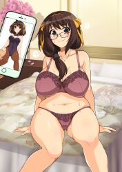 Rule 34 | 1girl, absurdres, aged up, alternate breast size, arm support, blurry, blurry background, blush, bra, breasts, brown eyes, brown hair, cellphone, closed mouth, collarbone, commentary, english commentary, feet out of frame, floral print, glasses, gluteal fold, hair between eyes, hair over shoulder, hair ribbon, hairband, haruhisky, highres, holding, holding phone, indoors, lace, lace-trimmed bra, lace-trimmed panties, lace trim, large breasts, leotard, lingerie, long hair, looking at viewer, medium hair, navel, on bed, out of frame, paid reward available, panties, pantyhose, phone, pillow, pink bra, pink panties, playboy bunny, plump, ribbon, shadow, sitting, smartphone, smile, solo focus, split mouth, suzumiya haruhi, suzumiya haruhi no yuuutsu, sweat, tareme, thighs, underwear, underwear only, wrist cuffs