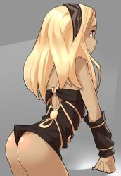 Rule 34 | 1girl, arm support, ass, black scarf, blonde hair, breasts, commentary, cowboy shot, dark skin, dark-skinned female, english commentary, forehead, from behind, gravity daze, grey background, hairband, kitten (gravity daze), leotard, long hair, looking to the side, medium breasts, nickleflick, scarf, sidelocks, simple background, solo, strapless, vambraces