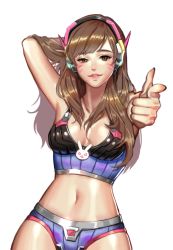 Rule 34 | 1girl, absurdres, adapted costume, agape, alternate costume, arm behind head, breasts, brown eyes, brown hair, camisole, collarbone, commentary, cowboy shot, d.va (overwatch), eyebrows, eyelashes, facepaint, facial mark, finger gun, hand in own hair, headphones, highres, lips, long hair, looking at viewer, medium breasts, midriff, navel, one eye closed, overwatch, overwatch 1, parted lips, pink lips, pointing, pointing at viewer, ruffling hair, shadow, shiny clothes, simple background, smile, solo, swept bangs, whisker markings, white background