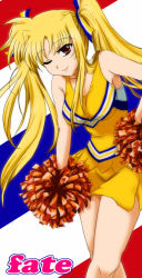 Rule 34 | 00s, 1girl, 2g50000, blonde hair, character name, cheerleader, fate testarossa, long hair, lyrical nanoha, mahou shoujo lyrical nanoha, mahou shoujo lyrical nanoha strikers, mizuki nana, one eye closed, pom pom (cheerleading), real life, red eyes, skirt, smile, solo, twintails, voice actor connection, wink